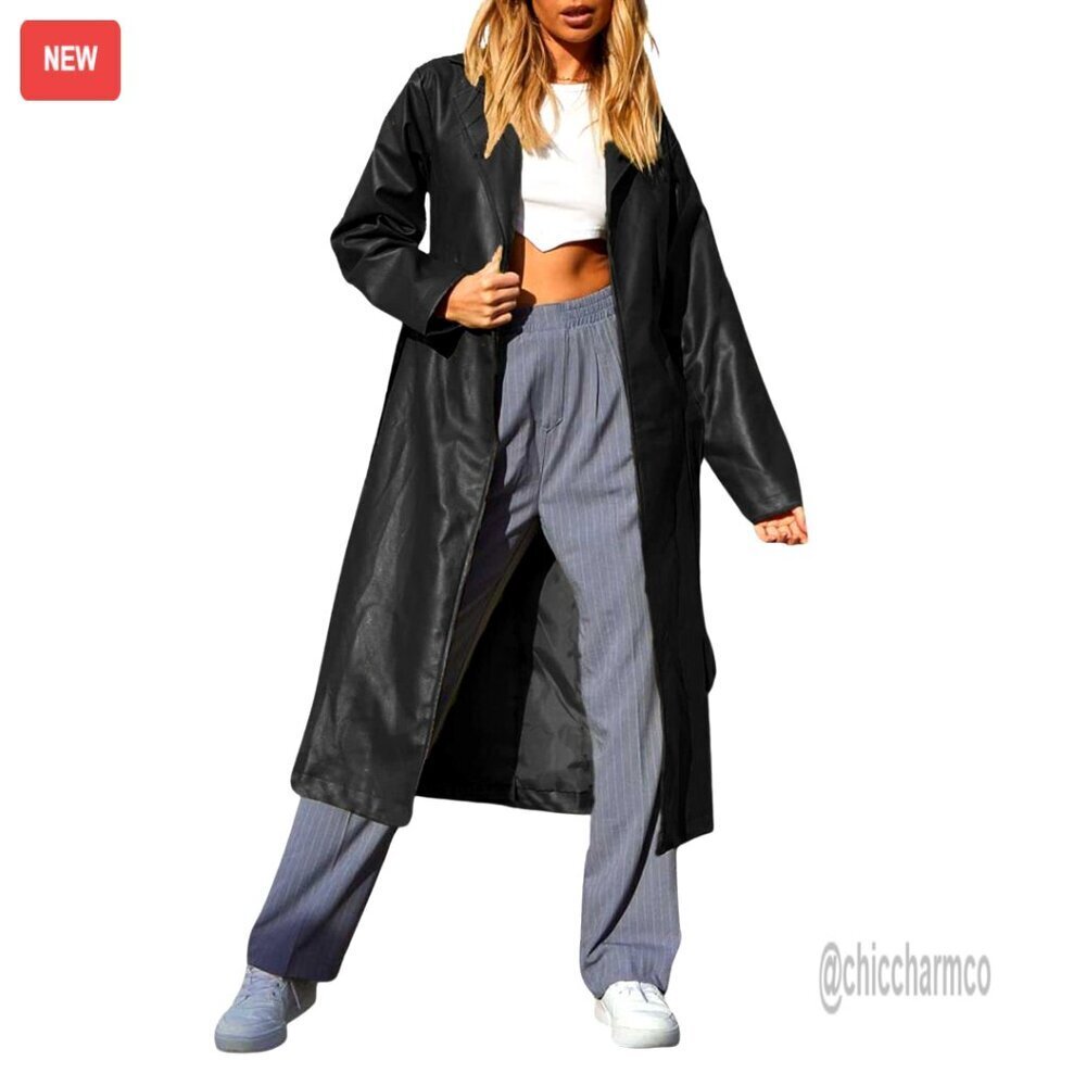 Faux Leather Trench Coat Elegant Vintage Chic Lapel Open Front Long